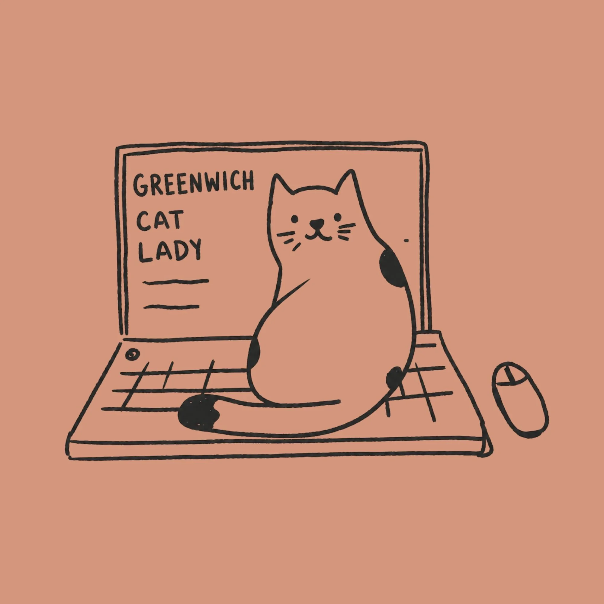 A hand-drawn illustration of a computer screen displaying a cat, with text labels reading "Greenwich Cat Lady" on a pink background.