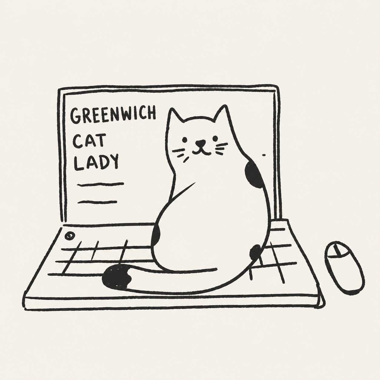 Hand-drawn illustration of a cat sitting on a laptop with a sign that says "Greenwich Cat Lady" in the background.