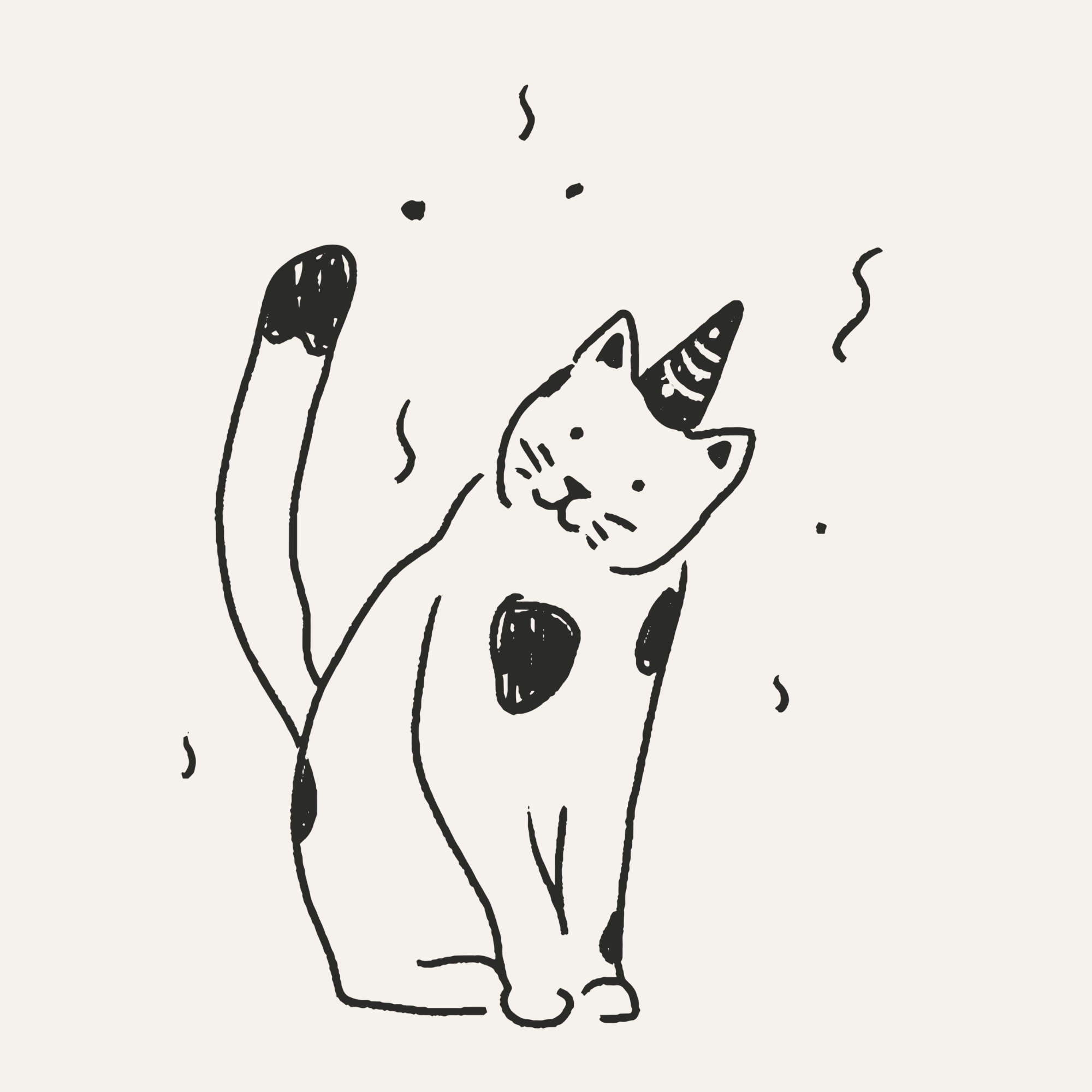 A black and white line drawing of a cat with a birthday or celebration hat on.