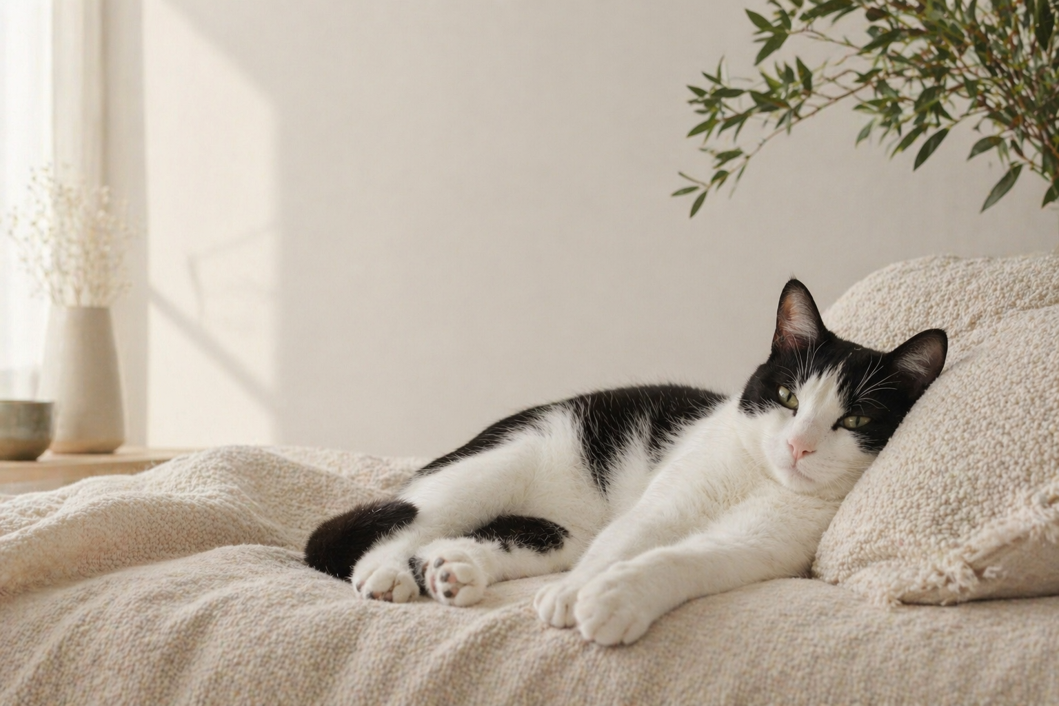 black and white cat relaxing on a bed