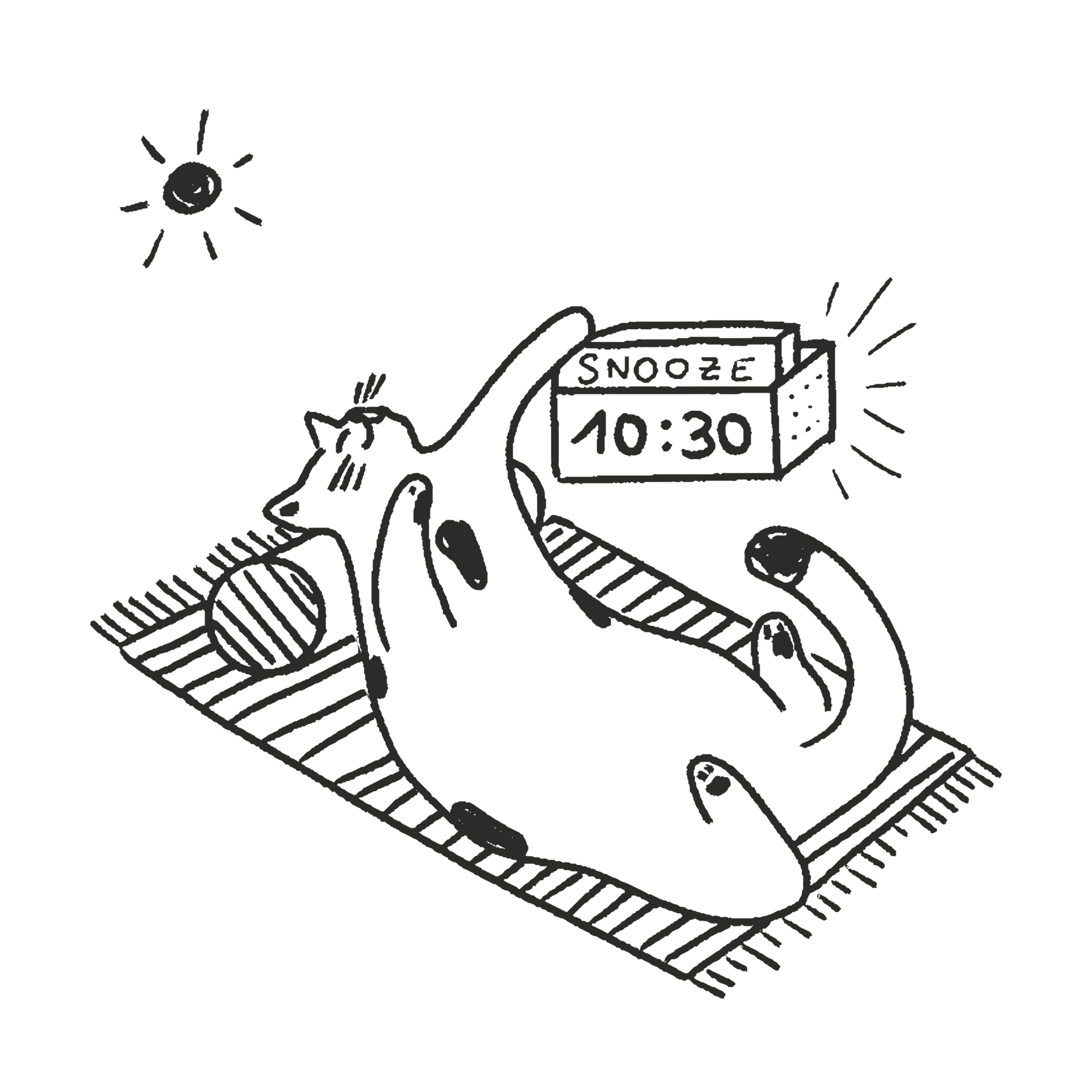 A cartoon drawing of an alarm clock showing 10:30, with a hand reaching out and pressing a button, and a sun shining in the background, symbolizing morning wake-up.