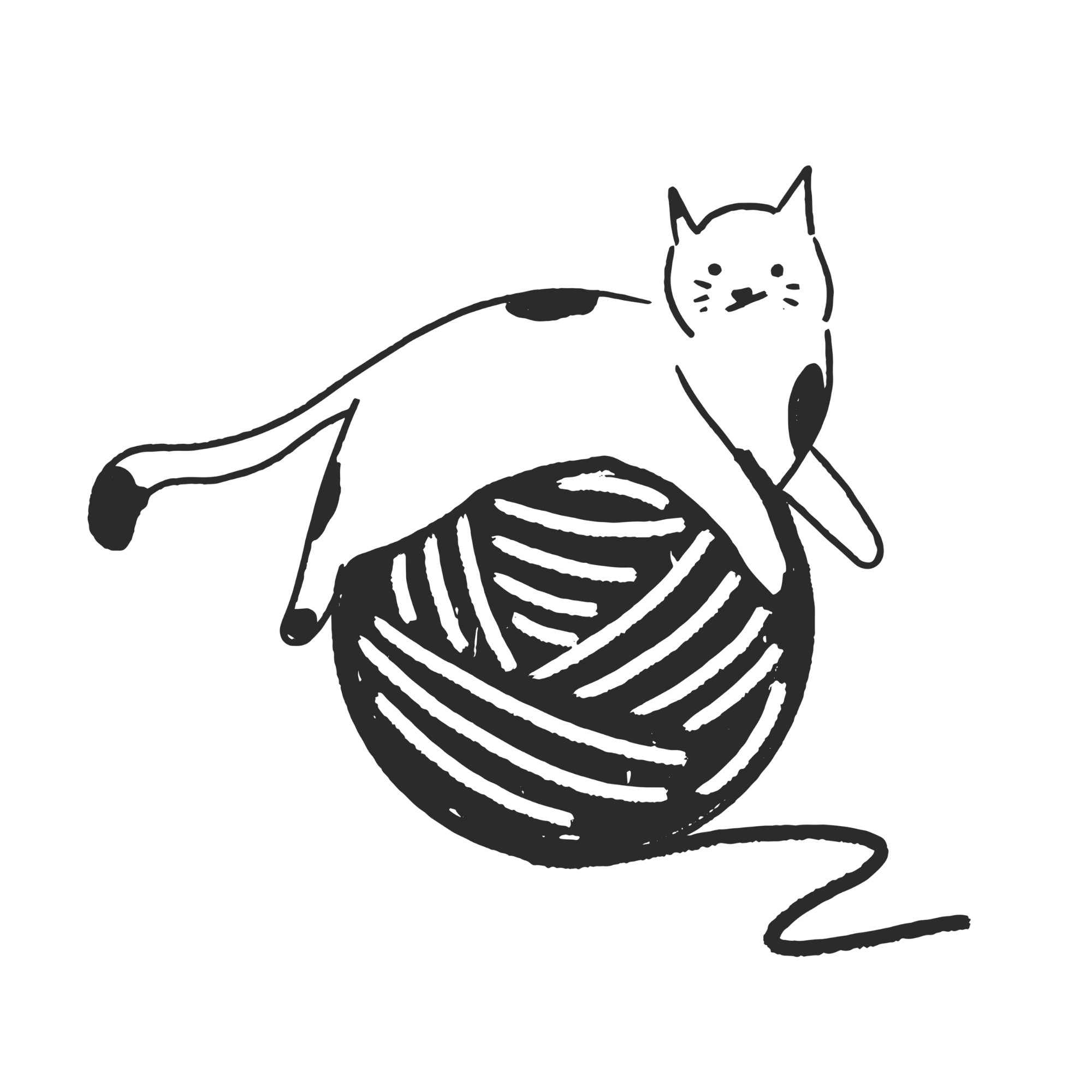 Line drawing of a cat with a long tail, sitting upright on a curled tail of a snake.