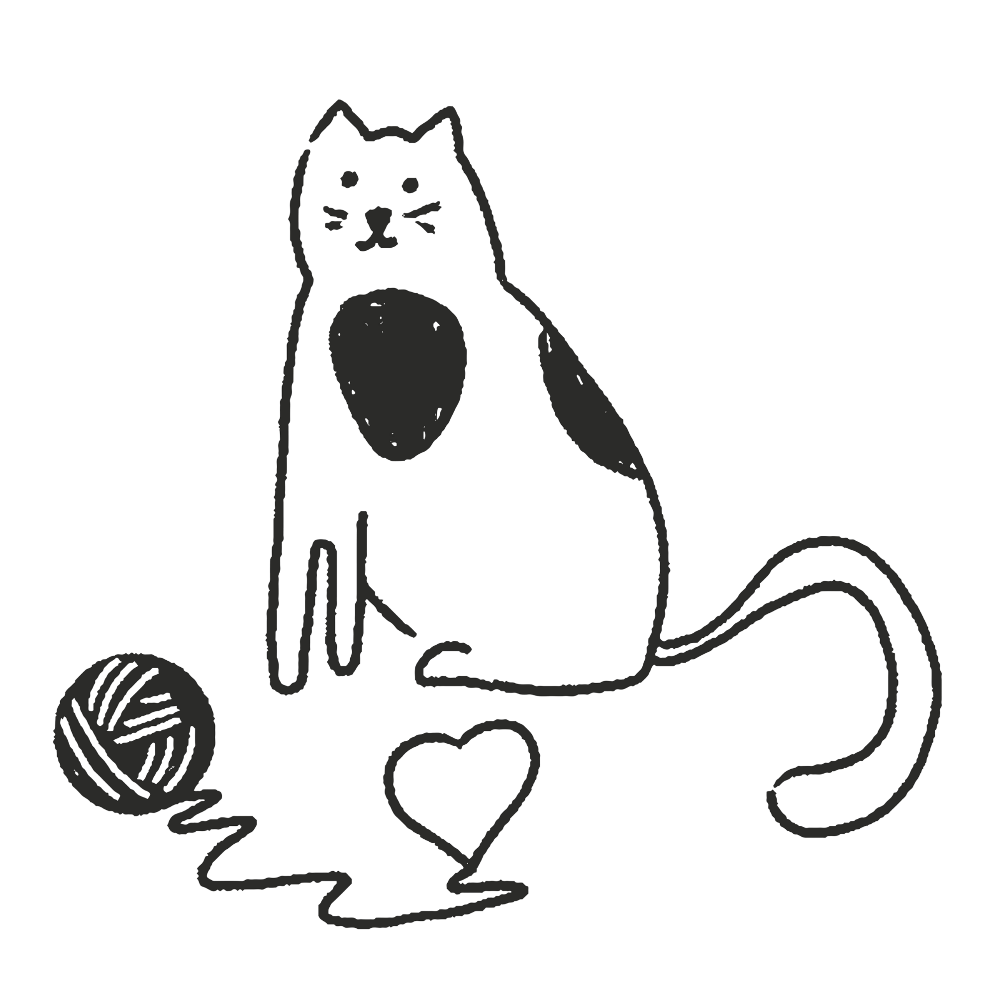 A simple line drawing of a black cat with a black ball of yarn.
