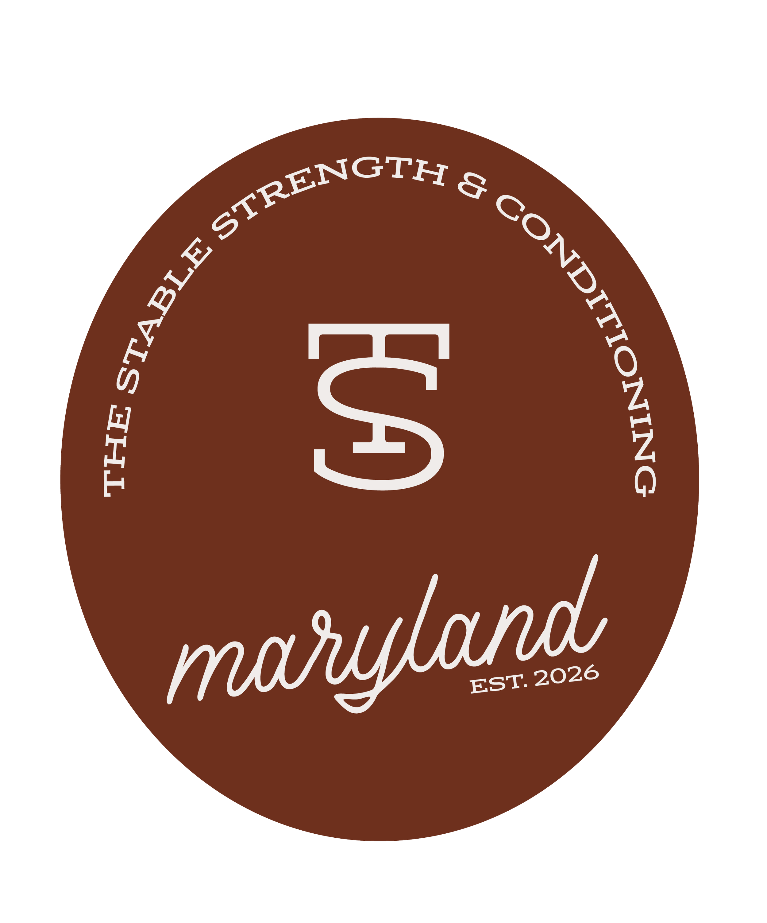 A round, brown embossed sticker or badge with white cursive lettering that reads "Maryland" and "EST. 2026". The words "The Stable Strength & Confidence" are written in a circular pattern along the top edge.