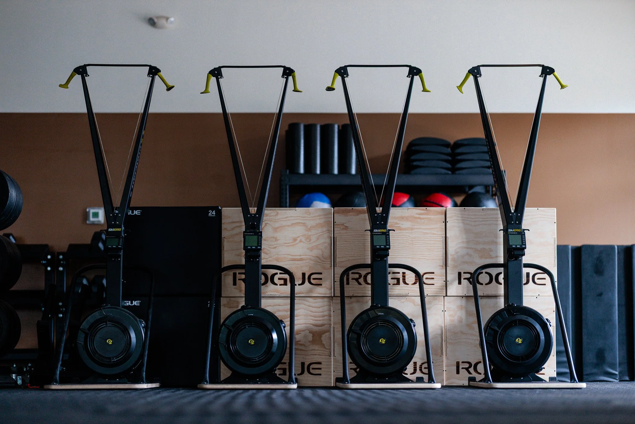 A row of Ski Erg machines in front of Rogue boxes and dumbbells in a fitness center with brown and white walls.