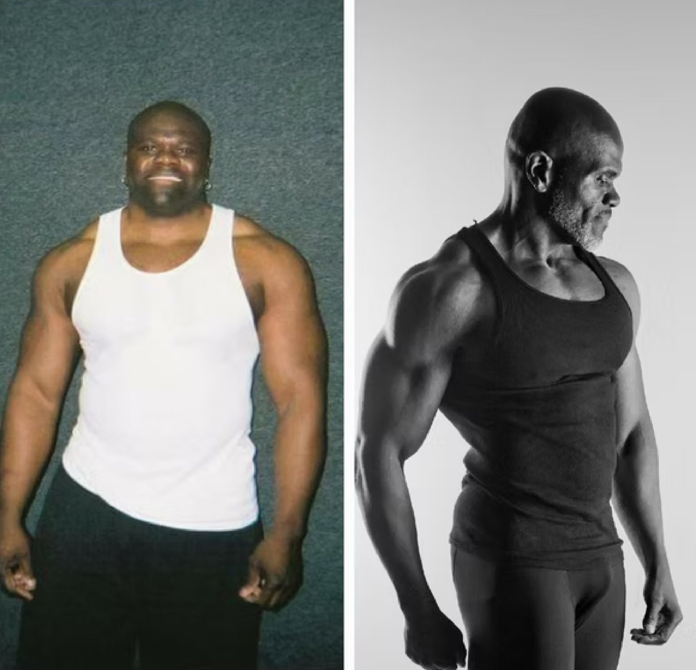 Side-by-side comparison of a man before and after muscle transformation, with the left showing a less muscular build and the right displaying a highly muscular physique in black and white. Benny Mobley Public Speaker Emcee Podcast Coach Washington tr