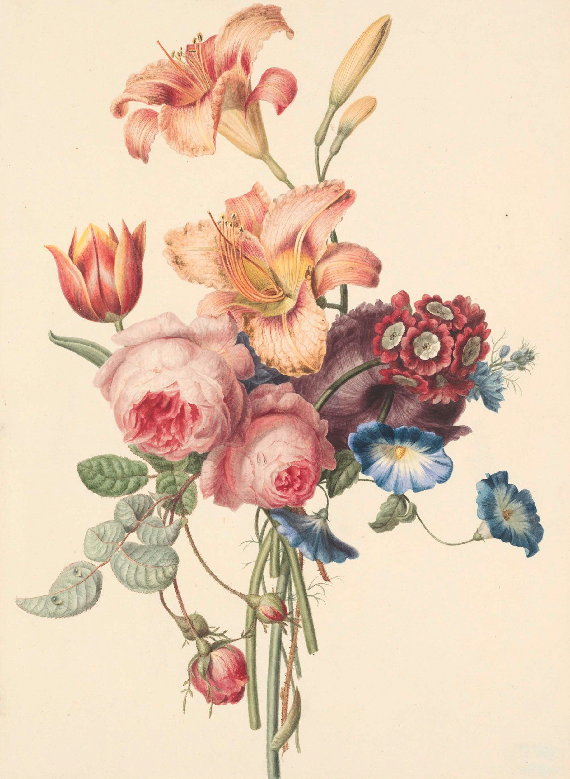 A bouquet of various flowers including lilies, roses, morning glories, tulips, and other blossoms with green leaves and stems on a light background.