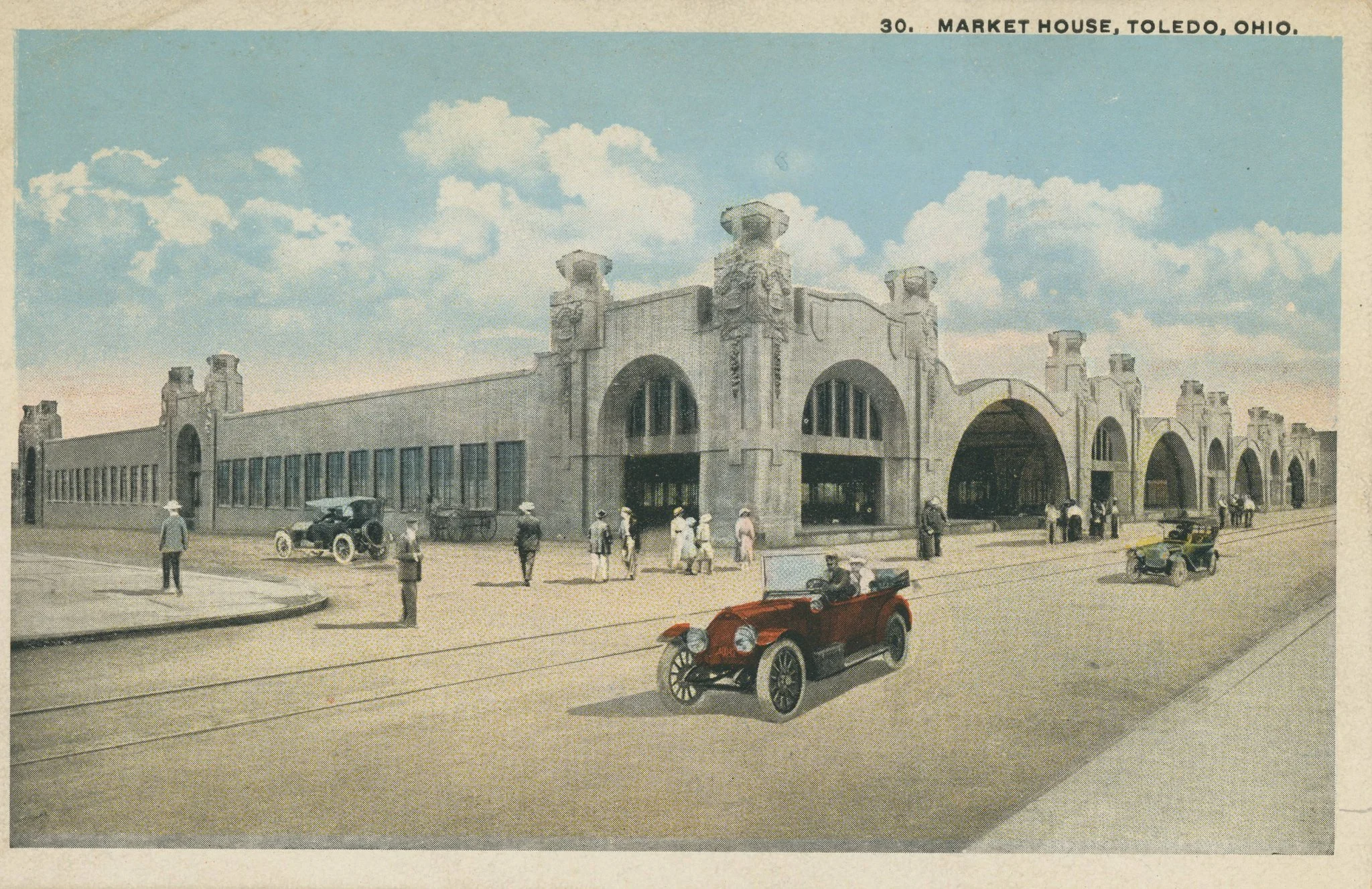 Vintage illustration of the Market House in Toledo, Ohio, featuring a large stone building with multiple arches and decorative towers, with early 20th-century cars and pedestrians in front.