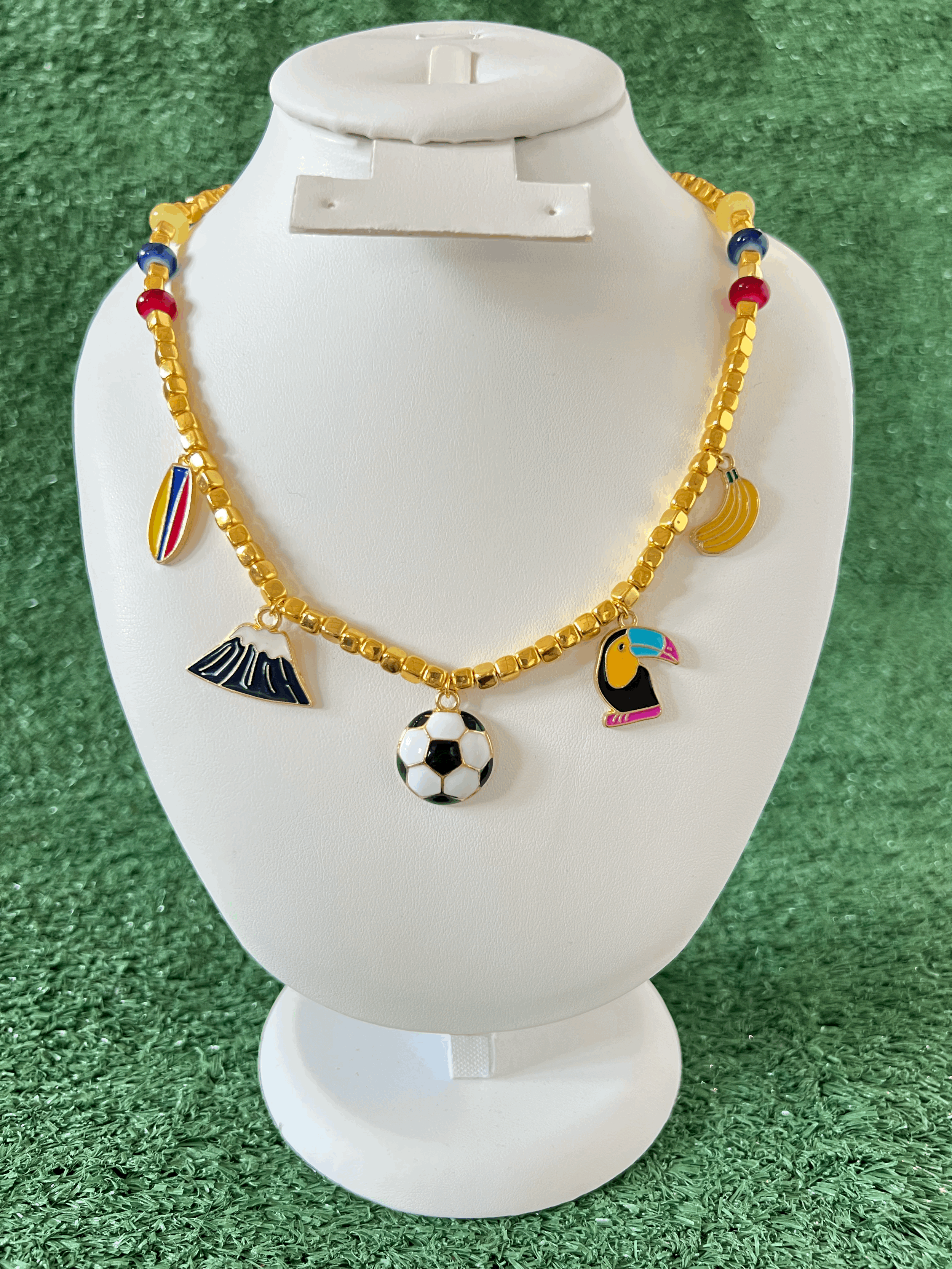 Ecuador Heritage Flag & Culture Gold Beaded Necklace