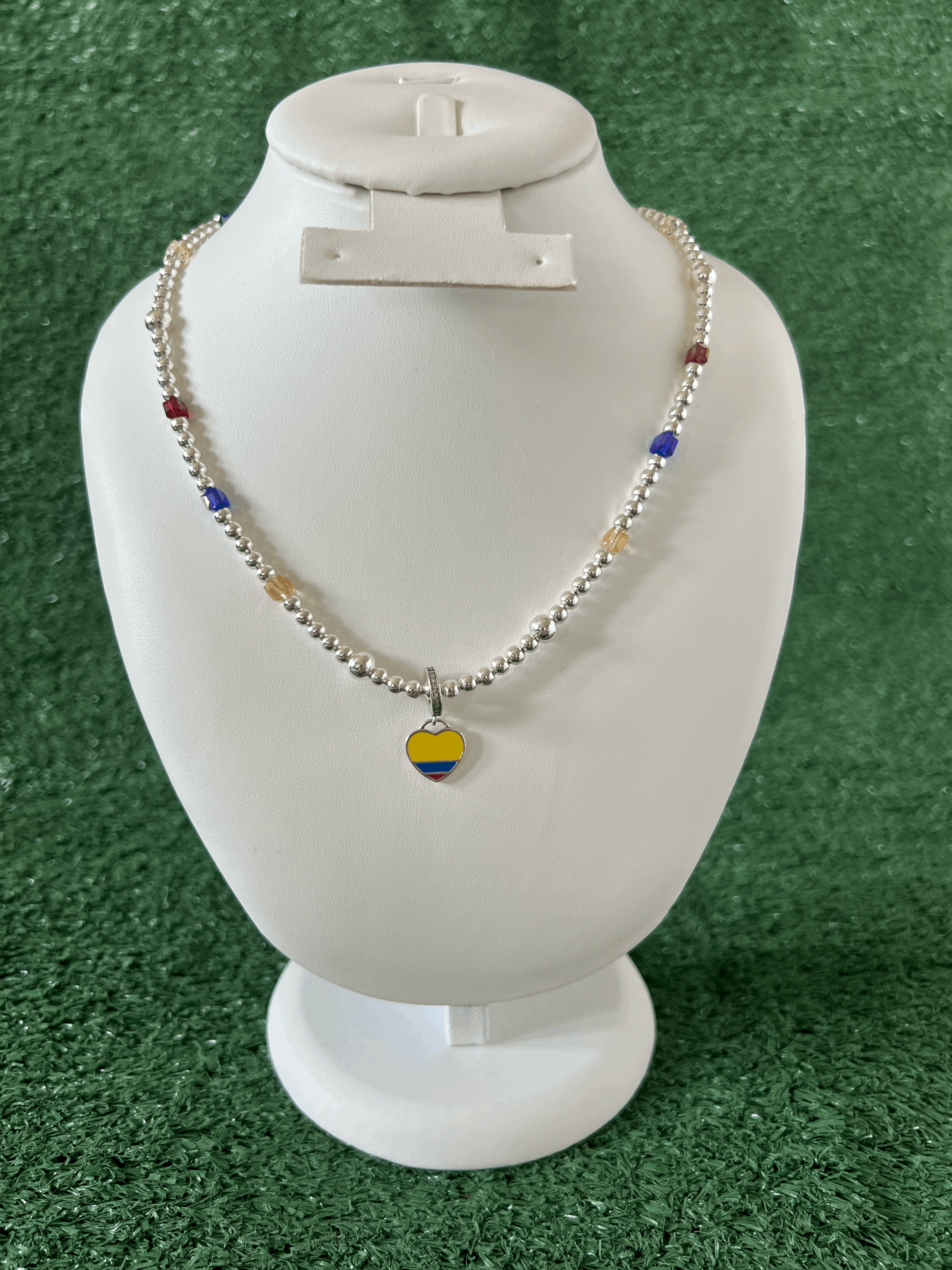 Colombia Tricolor Flag Heart Silver Beaded Necklace