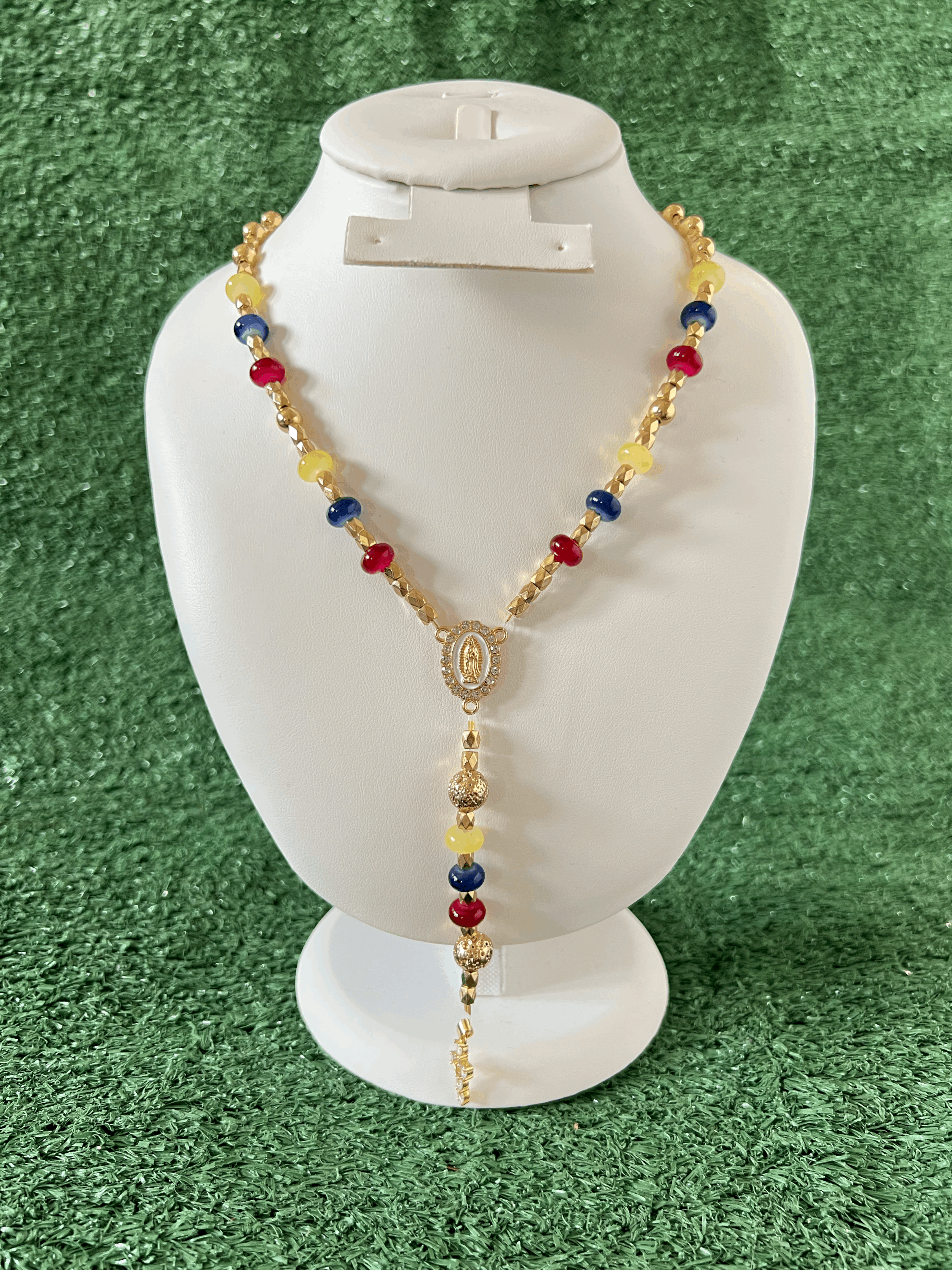 The Gold Tricolor Devotion Rosary Necklace: Ecuador & Colombia Edition