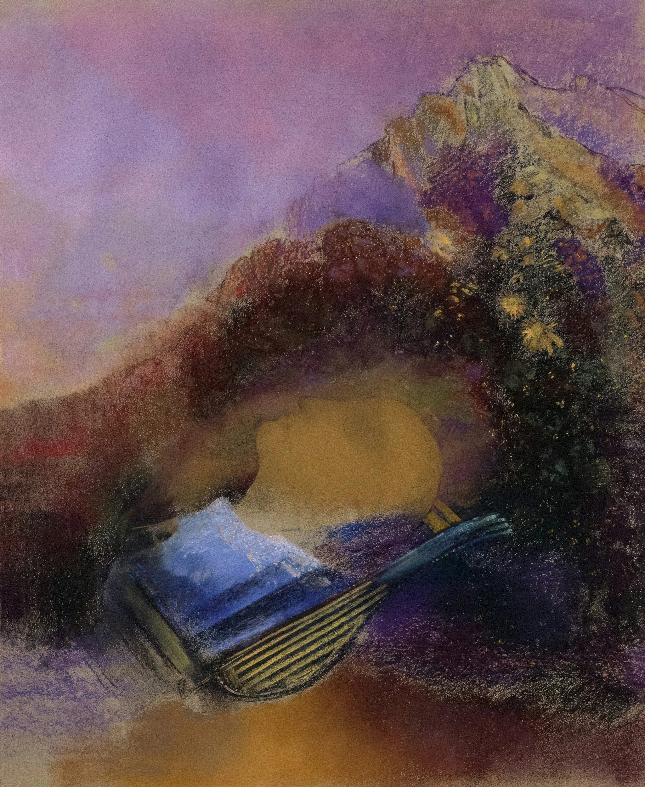 An abstract painting of a mountain landscape with a sunset sky, a tree, and a guitar lying on the ground.