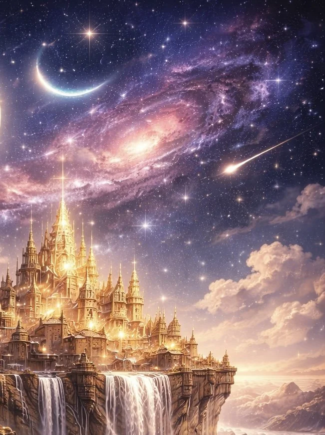 A fantasy castle glowing with golden lights rises from cliffs with waterfalls, set against a cosmic sky with stars, a crescent moon, a galaxy, and shooting stars.