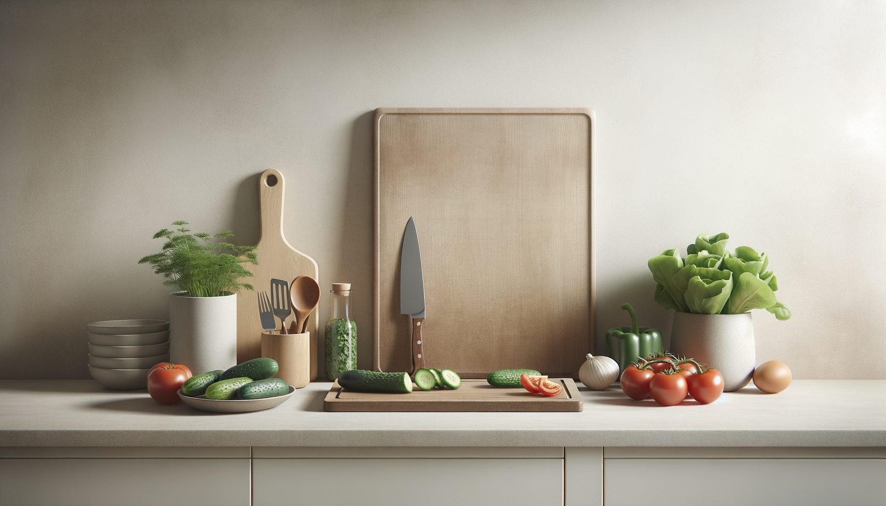 Kitchen countertop with fresh vegetables, kitchen utensils, potted plants, a cutting board, and a knife.