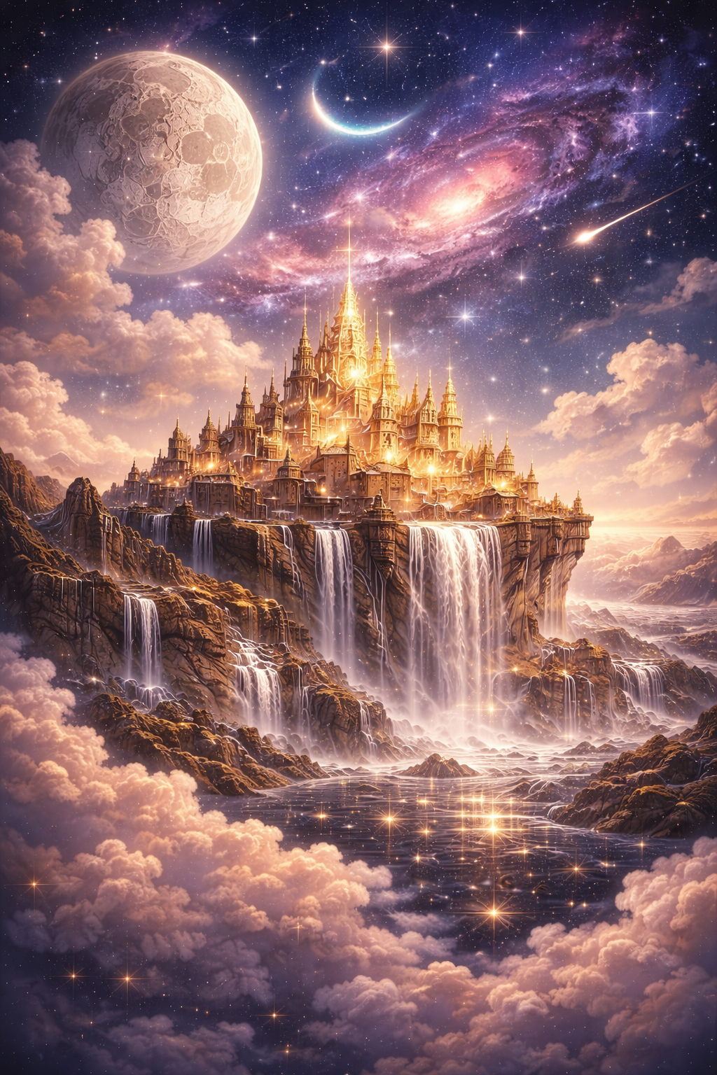 A fantasy scene depicting a golden castle on a cliff with waterfalls, surrounded by clouds and a starry sky, with the moon and a galaxy in the background.