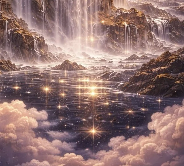 A surreal landscape featuring a waterfall cascading over rocks, with a reflective water surface filled with sparkling star-like lights, surrounded by clouds and mist.