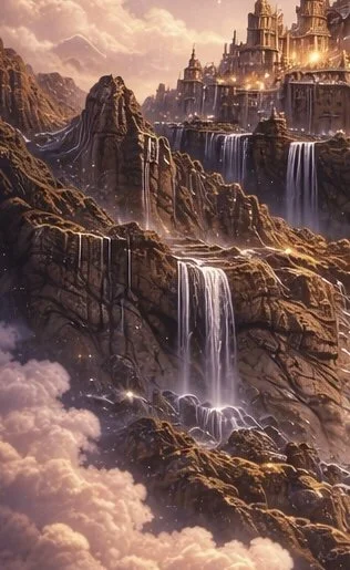 Majestic city built into mountains with waterfalls cascading down rocky cliffs, illuminated by golden sunset hues.