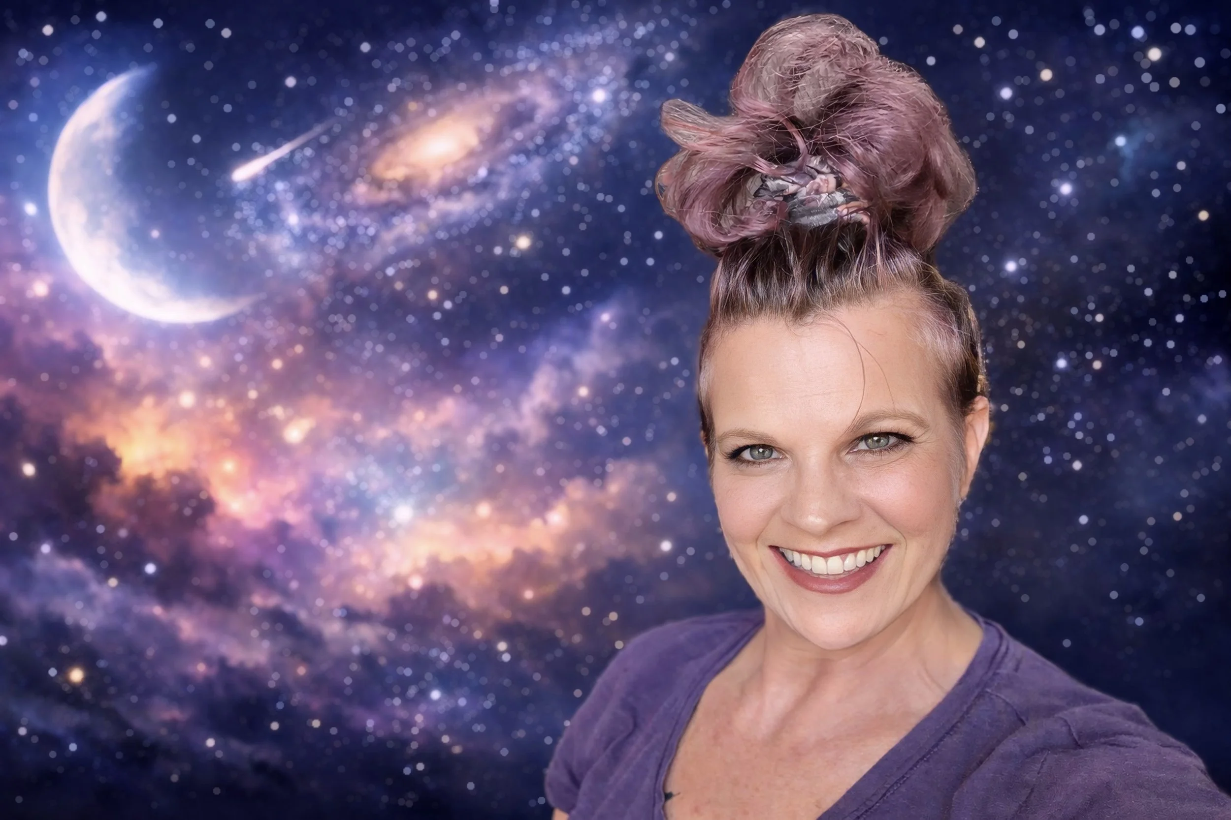 A woman with purple hair styled in an elaborate updo, smiling at the camera, with a cosmic background featuring planets, stars, and a galaxy.