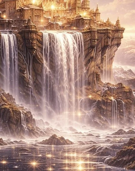 Fantasy city built on cliffs with waterfalls flowing into a glowing river below, set against a sunset sky.
