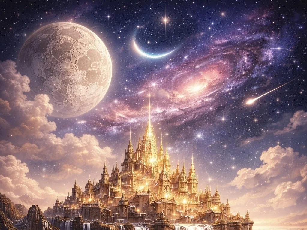 A fantasy castle glowing with golden lights under a star-filled sky, with planets, a crescent moon, and comets in the background.