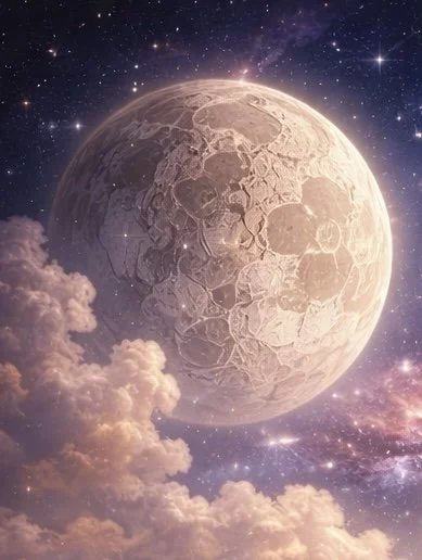 A digital image of the moon with craters, surrounded by stars and pink clouds in space.