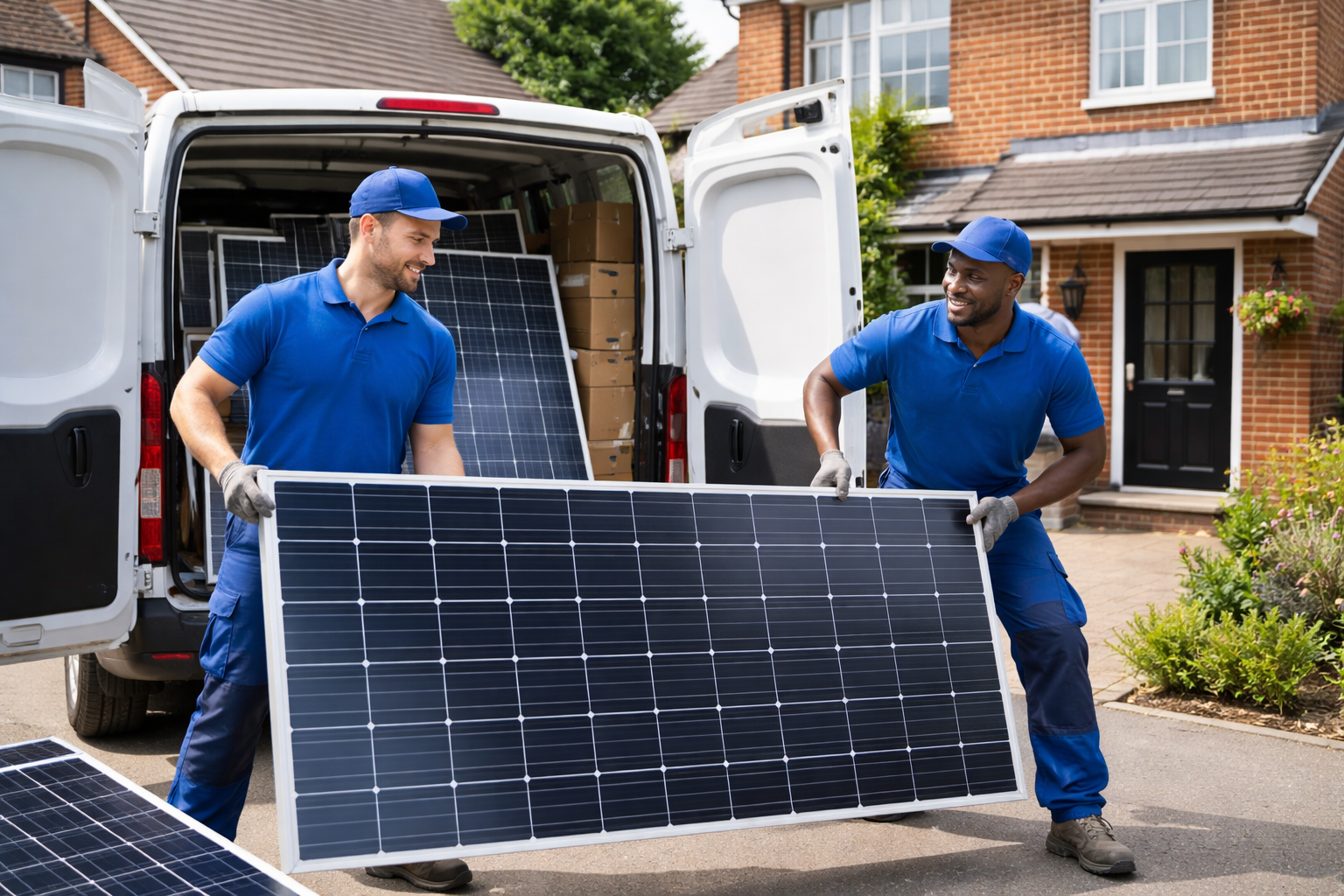 Two workers loading a solar panel into a van outside a residential house on a sunny day.