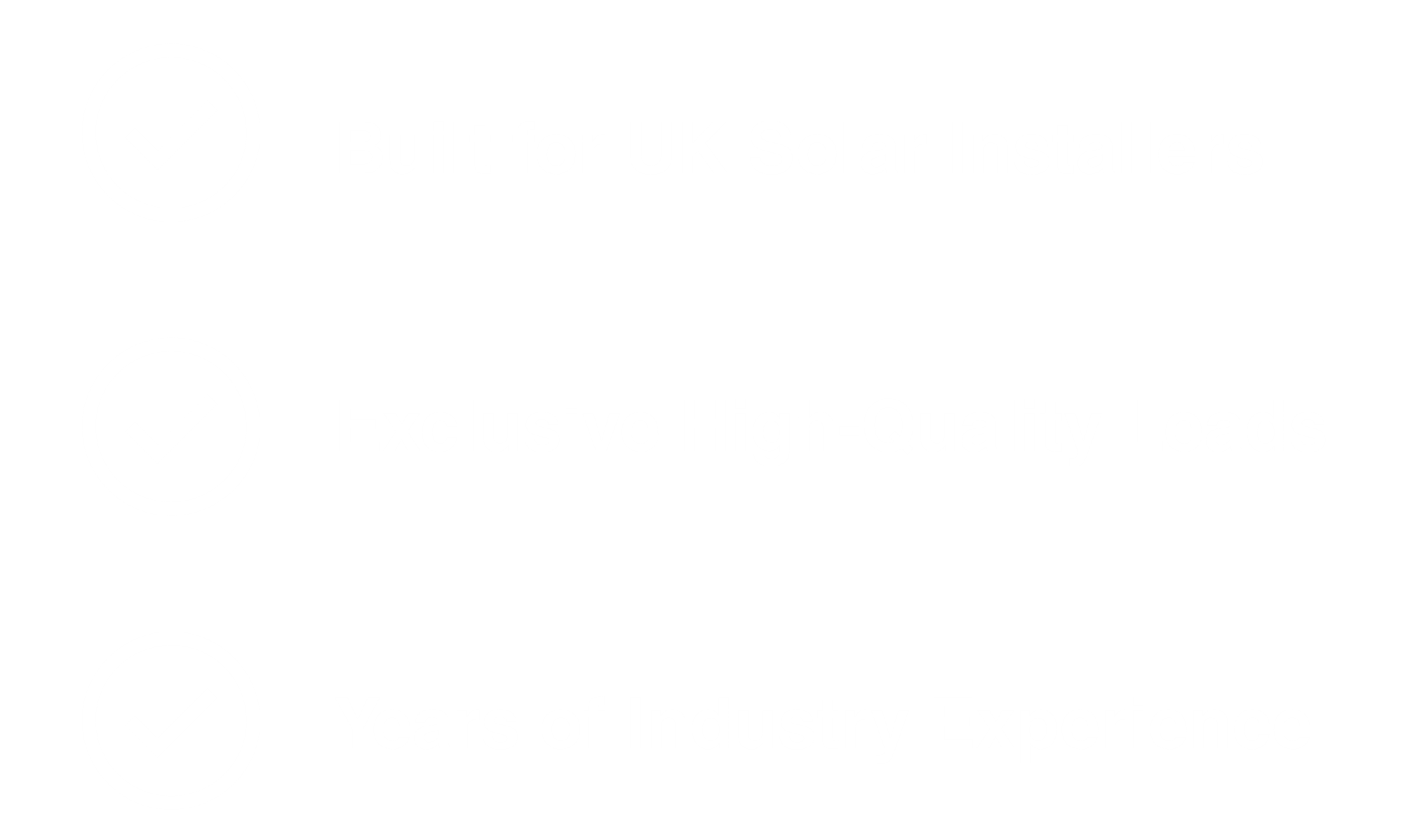 List highlighting benefits for UK solar installers, including built for UK solar installers, exclusive high-quality leads, and years of industry experience, with check marks beside each point.