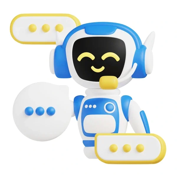 A smiling robot toy with a black screen face, blue and white body, wearing a headset, and surrounded by speech bubble shapes with yellow and blue dots.