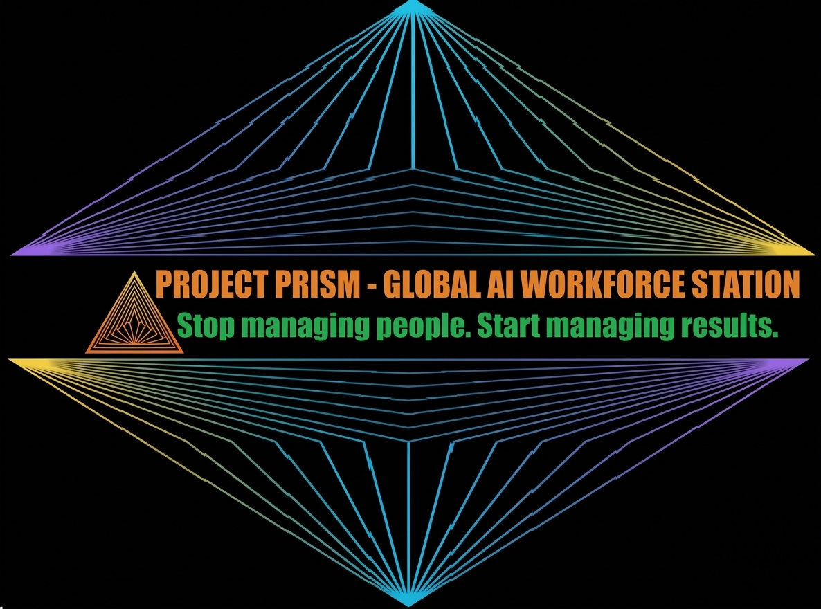 A digital graphic with a black background features a colorful, geometric prism composed of intersecting lines. The text in the center reads "PROJECT PRISM - GLOBAL AI WORKFORCE STATION" in orange, and below it, in green, it says "Stop managing people. Start managing results."