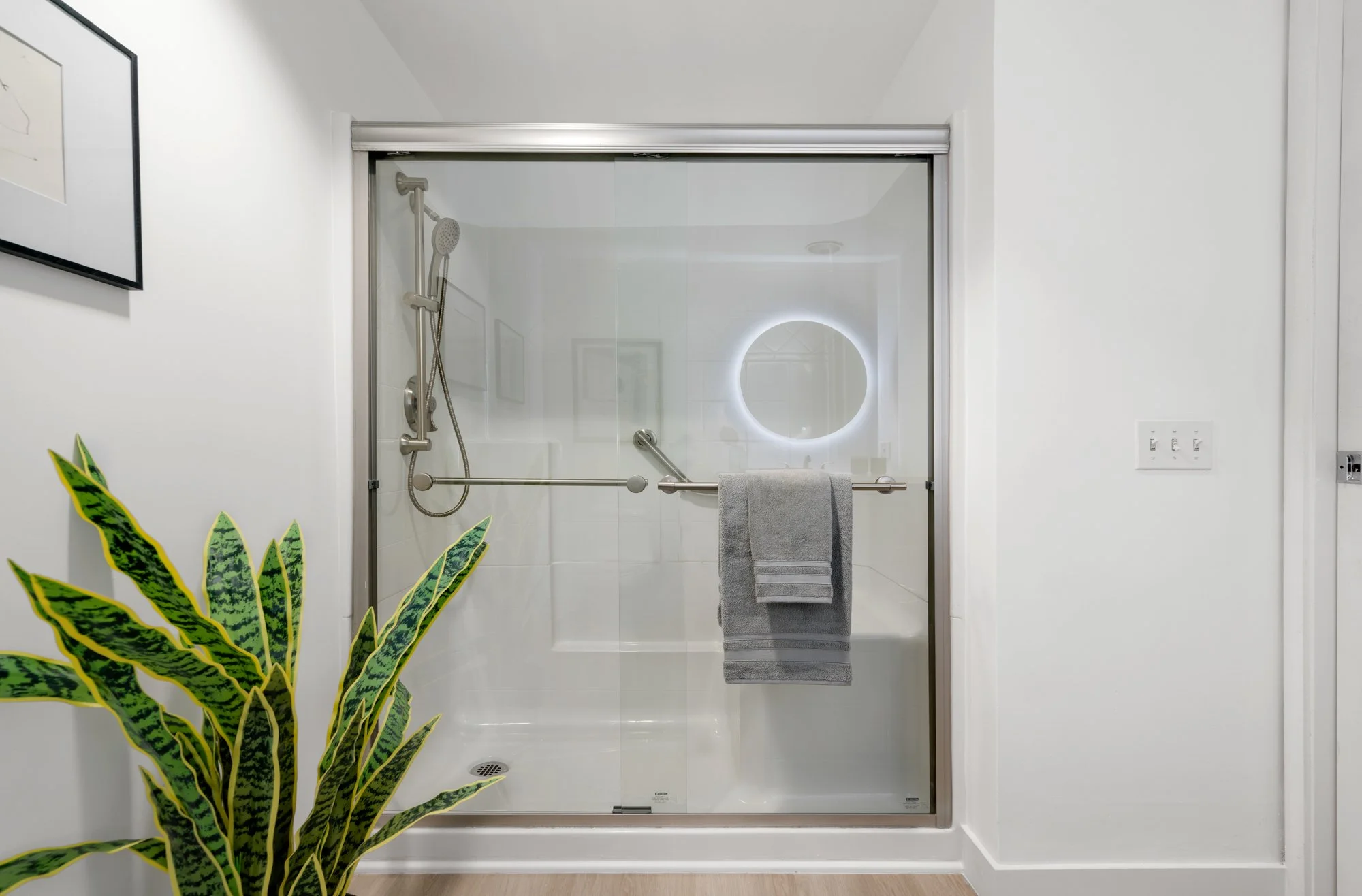 Modern shower with glass door, gray towel hanging on a rail, illuminated circular mirror, and a plant in the corner.