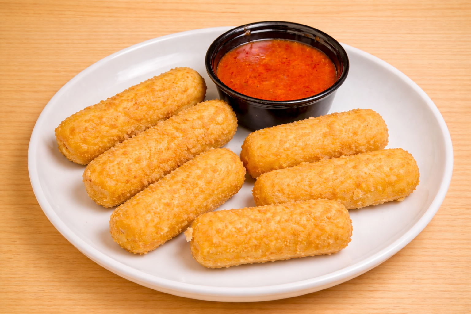 Plate with six breaded mozzarella sticks and a small cup of marinara sauce on a wooden table.