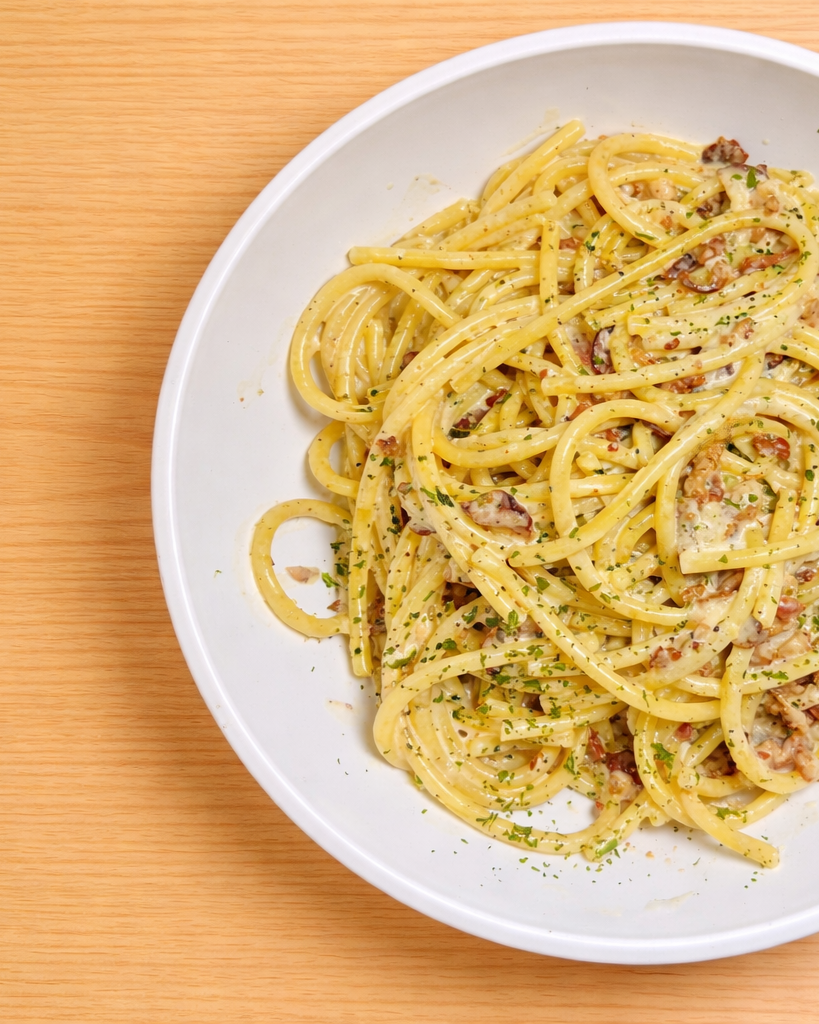 Plate of spaghetti with bacon, herbs, and grated cheese on a wooden table