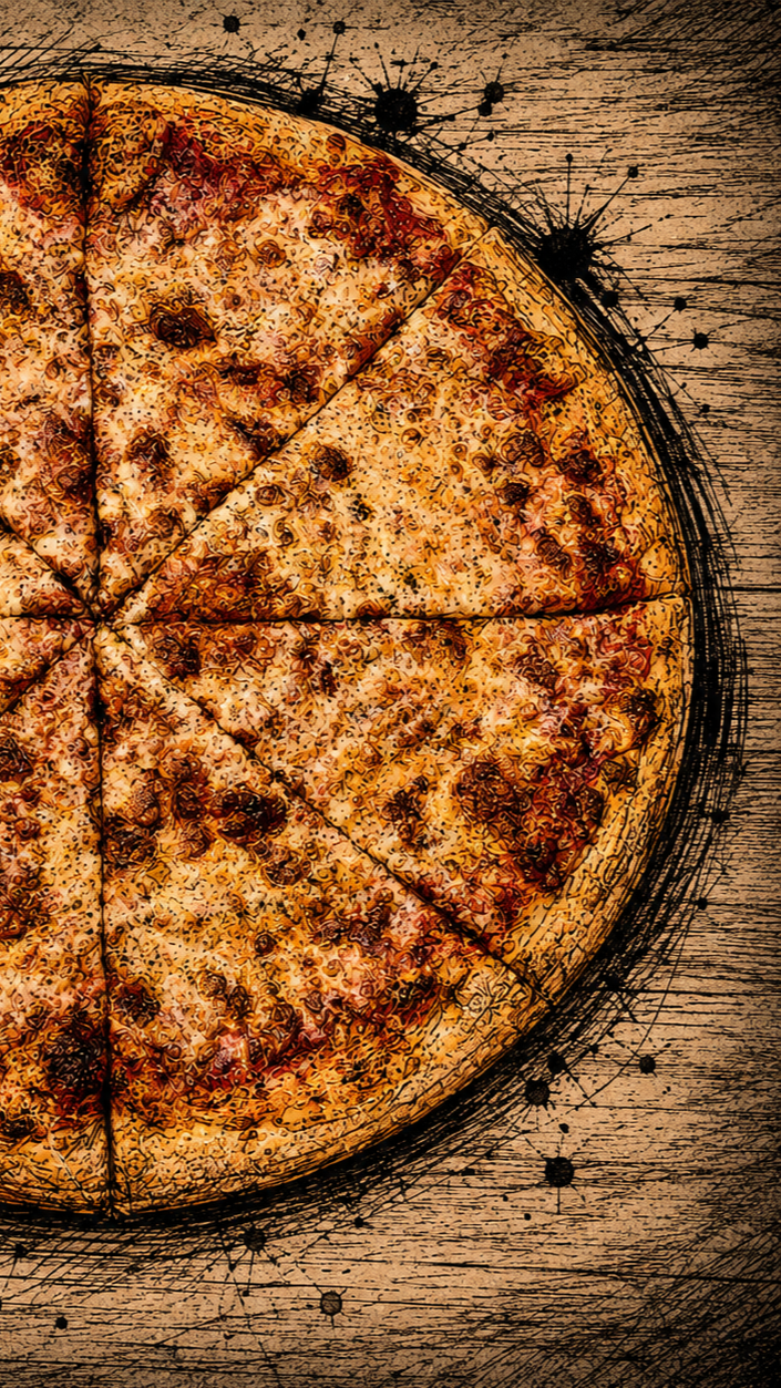 Whole pizza with several slices cut, topped with cheese and pepperoni, on a wooden surface.