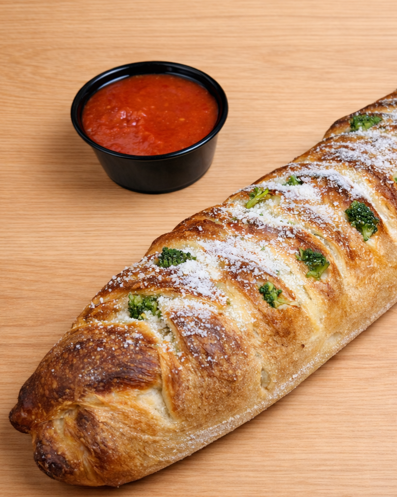Baked bread roll with green herbs on top, served with two small cups of red tomato sauce on a wooden surface.