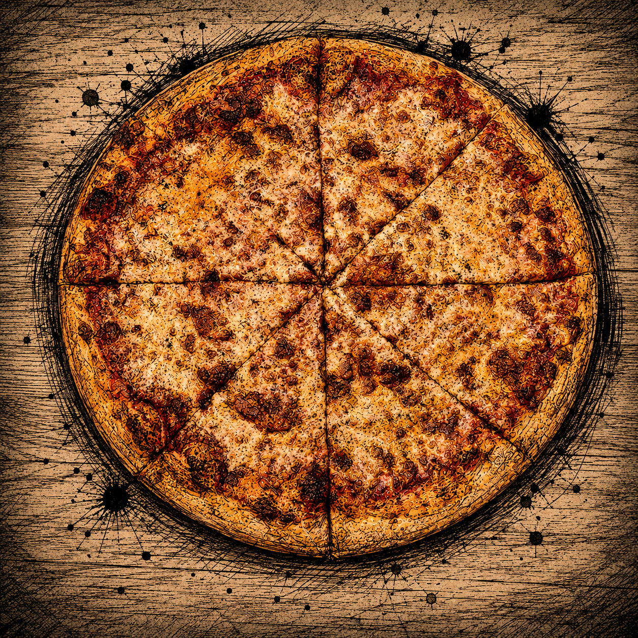 A digital stylized image of a pizza with sliced pepperoni and cheese on a circular wooden table.