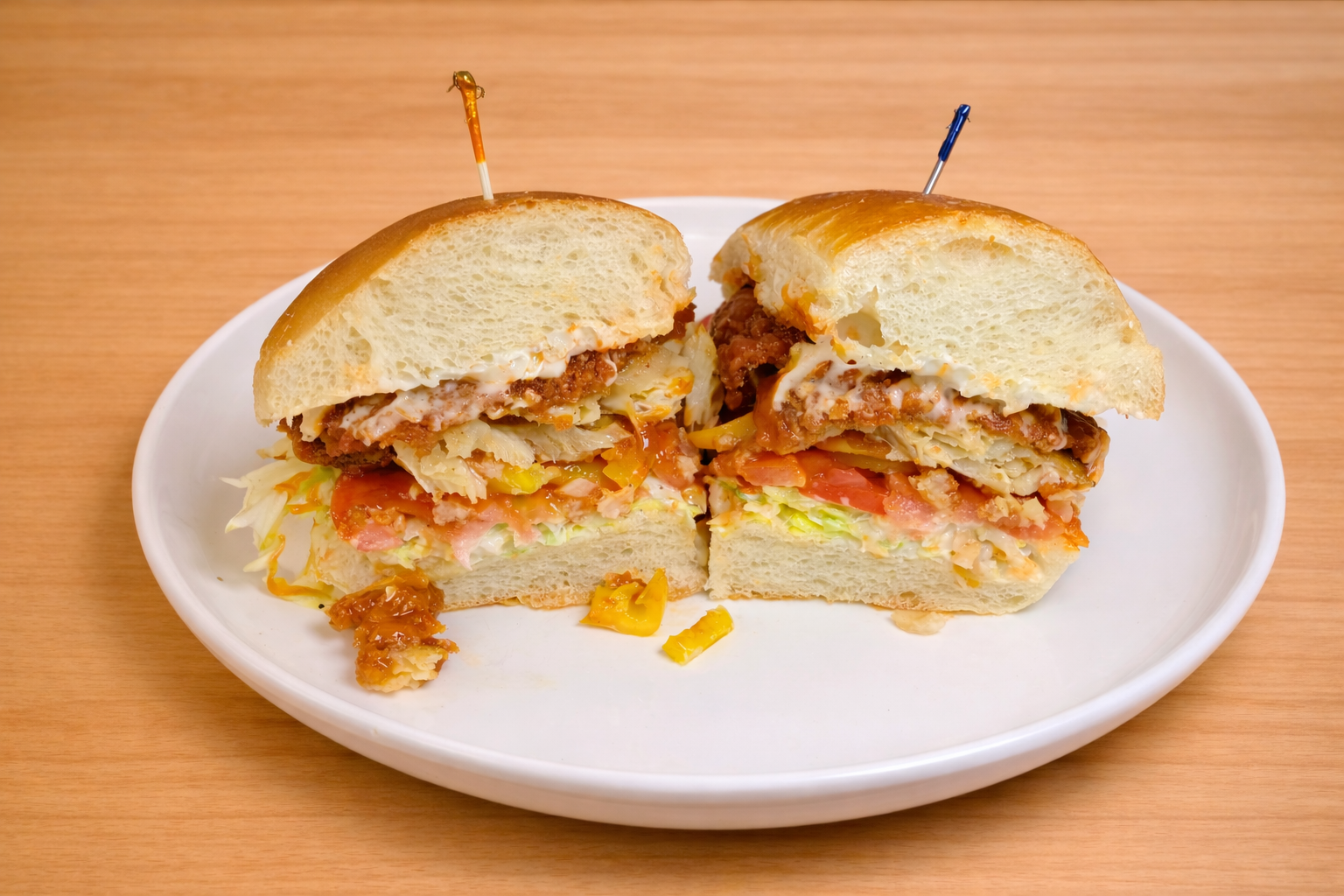 Cross-section of a sandwich on a white plate, with layers of lettuce, tomato, cheese, and fried chicken fillet, with toothpicks on top.