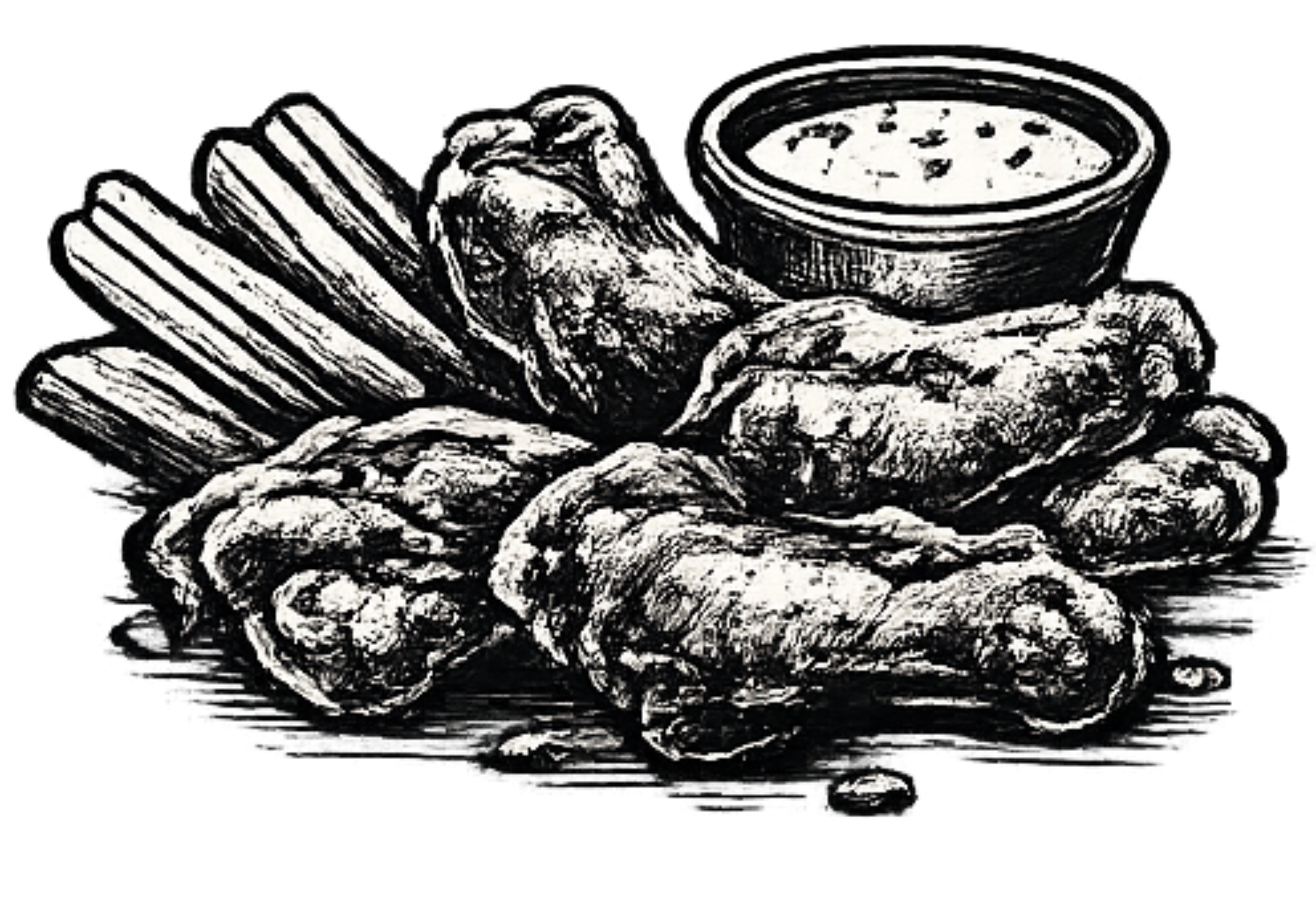 Sketch of a plate of chicken wings with celery sticks and a cup of dipping sauce.