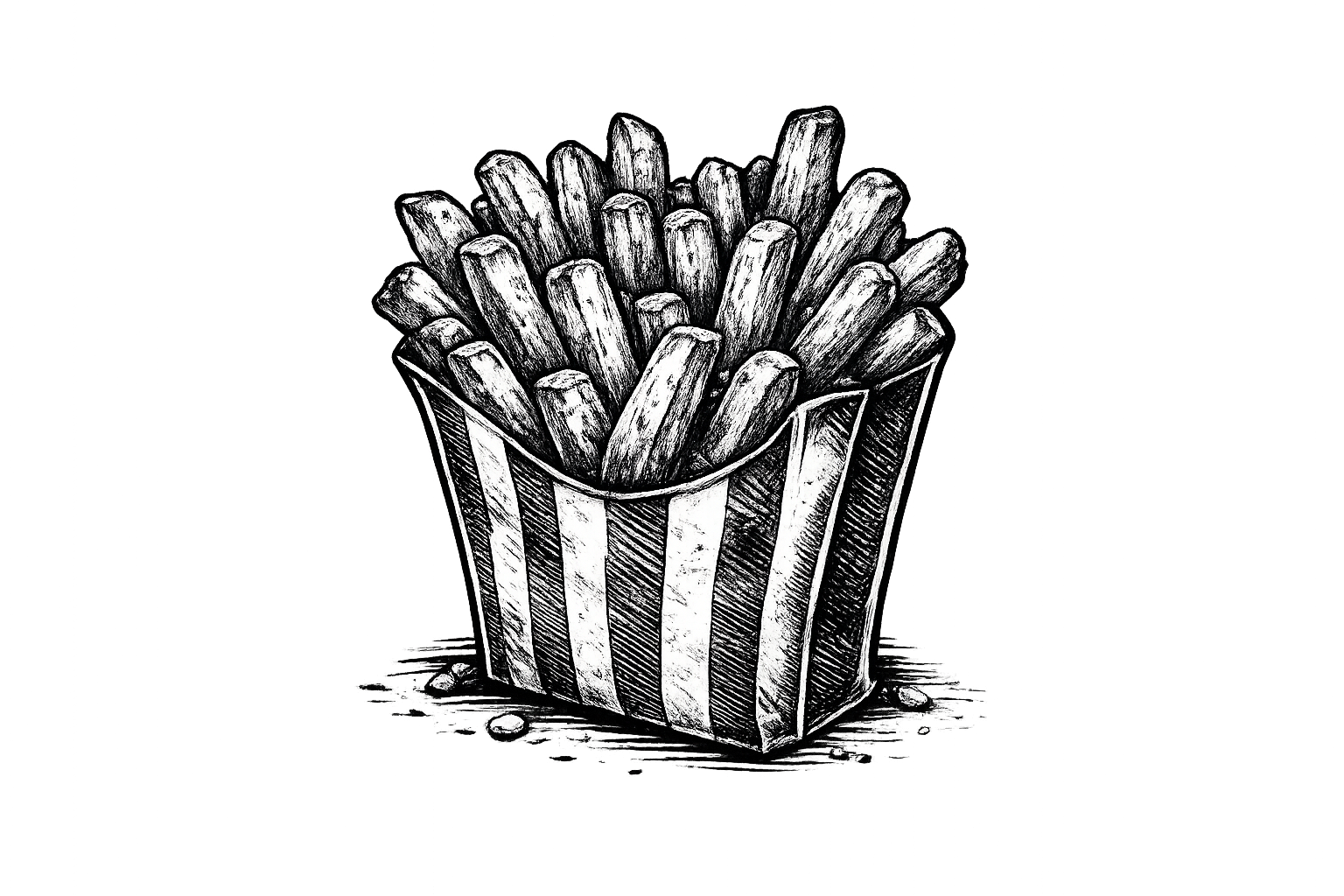 Black and white illustration of a container of French fries with some fries spilling out and a few on the surface.