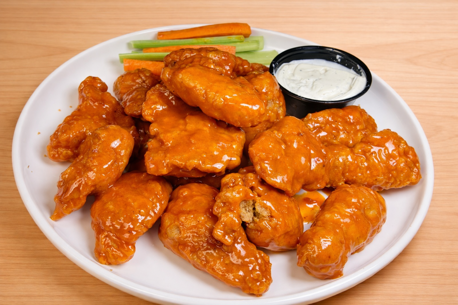 Buffalo chicken wings with celery and carrots, served with ranch dipping sauce on a white plate