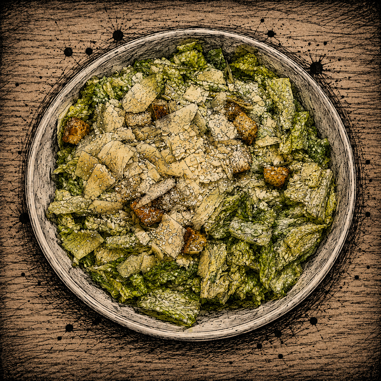 A bowl of chopped lettuce, croutons, and grated cheese on a wooden surface.
