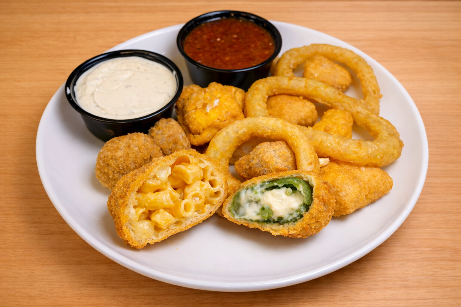 A white plate with fried calamari stuffed with mac and cheese and jalapeños, onion rings, hush puppies, and two small cups of dipping sauces, one white and one red, on a wooden table.