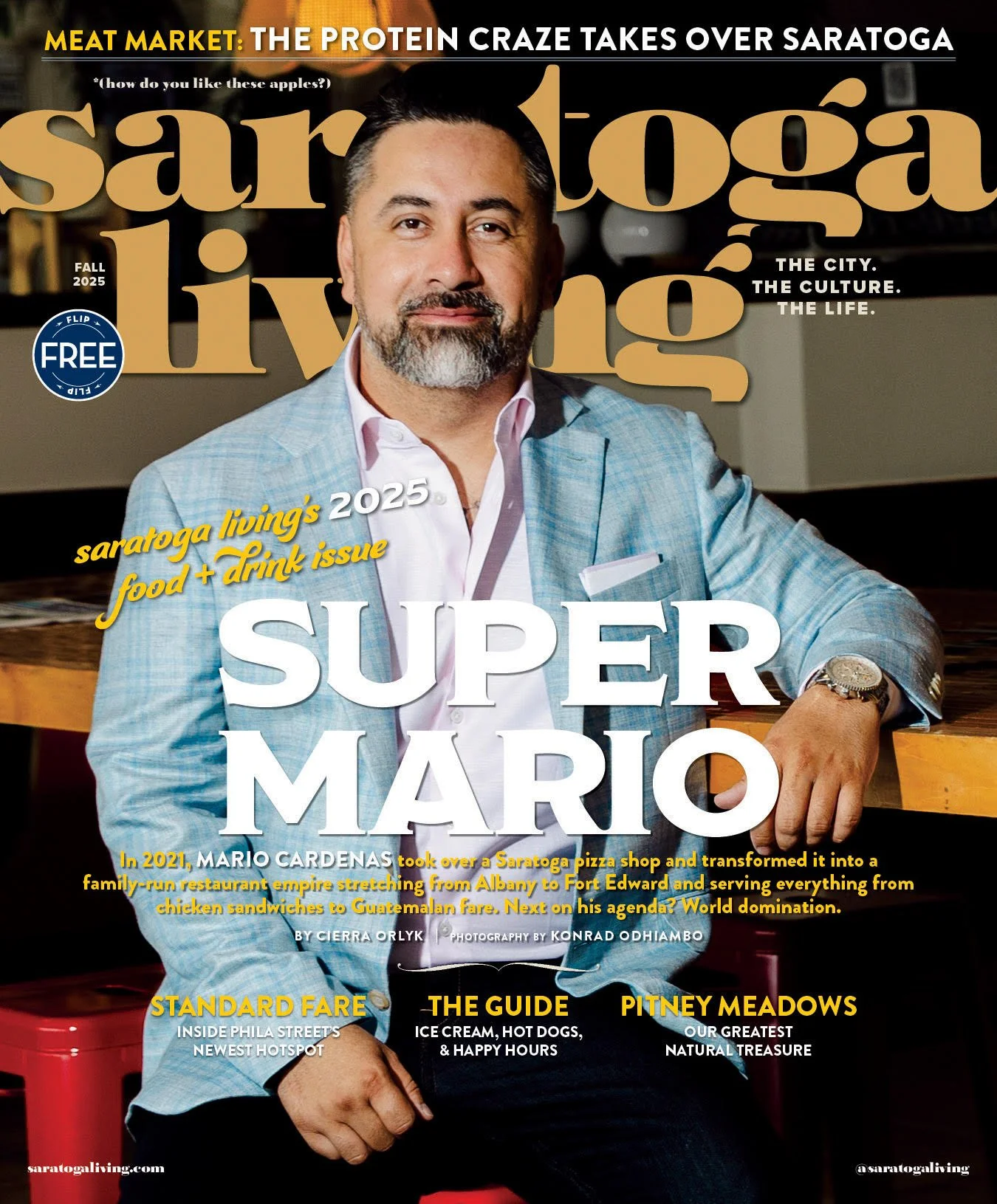 Cover of Saratoga Living magazine featuring Mario Cardenas, wearing a light blue blazer and white shirt, sitting at a wooden table with a blurred background, with headlines about food, drinks, and local attractions.