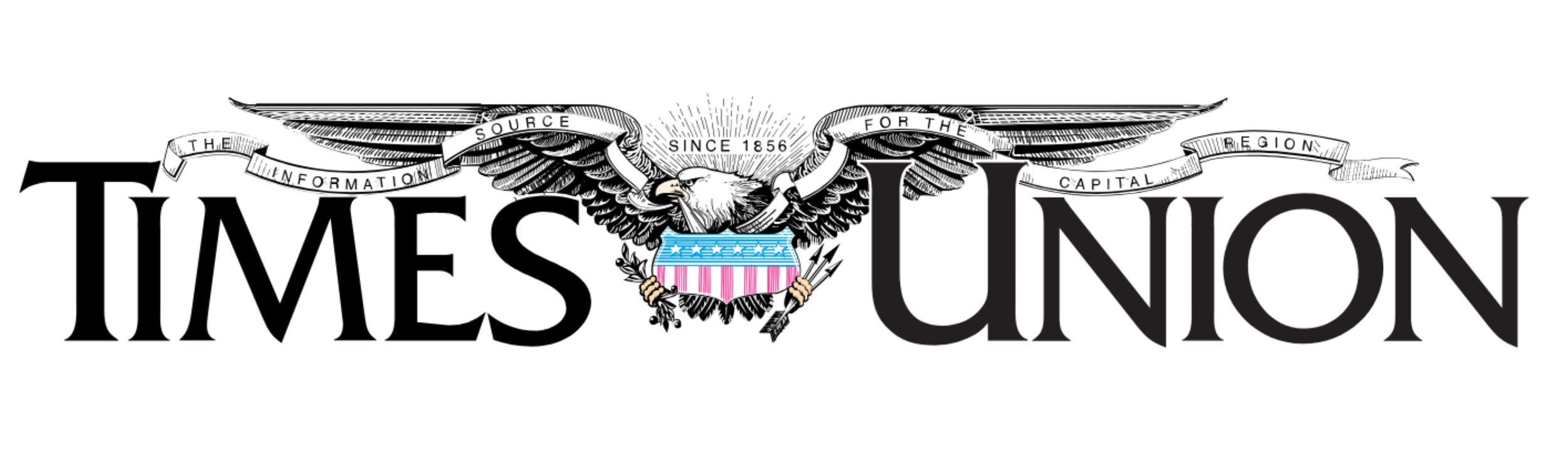 The logo of Times Union features an eagle with outstretched wings, a shield with stars and stripes, and banners that read 'since 1856' and 'for the region,' with the words 'THE INFORMATIONAL CAPITAL' on the banners.