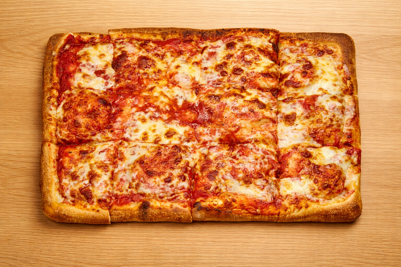 A rectangular pepperoni pizza with melted cheese on a wooden surface.