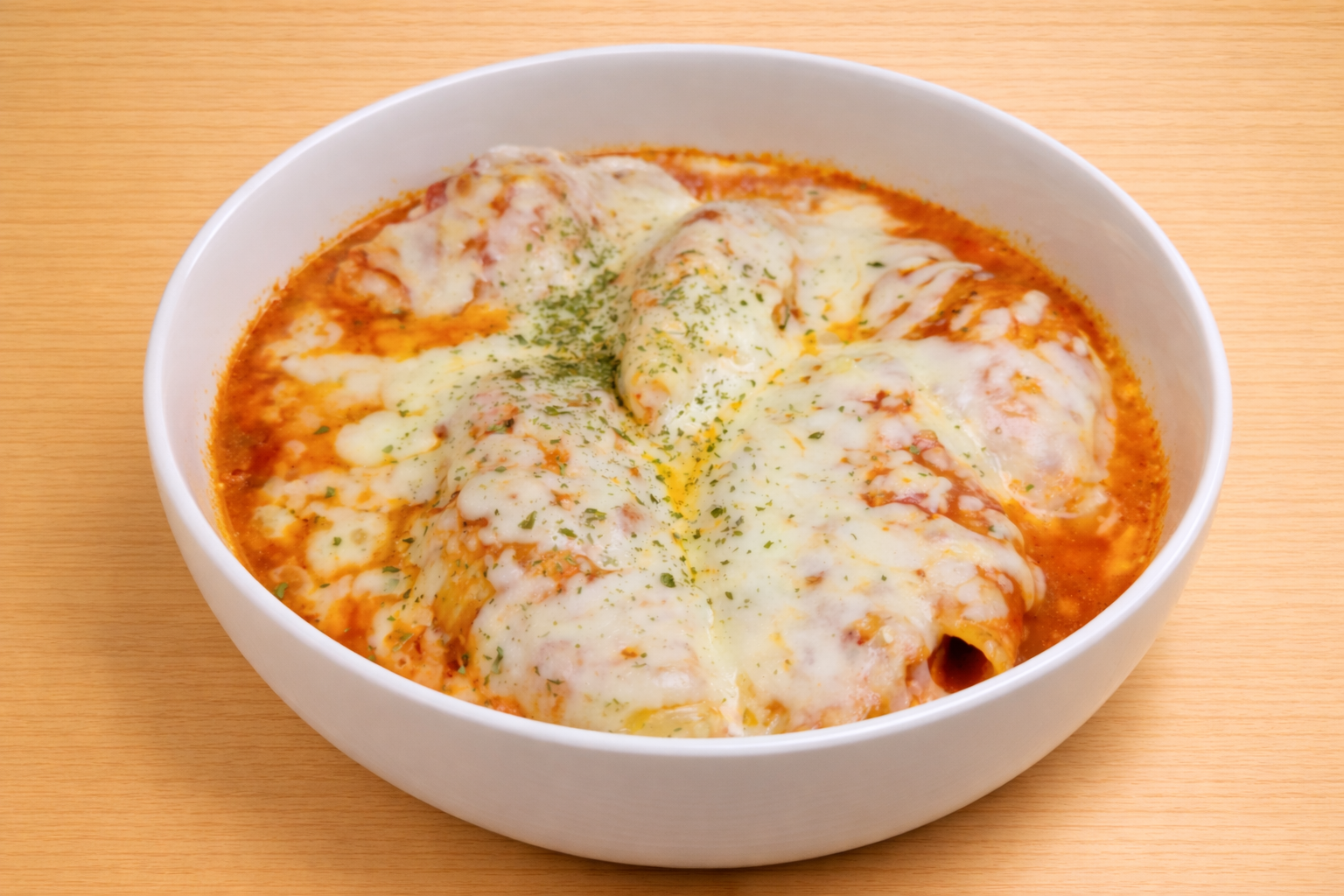 Baked or baked-style cannelloni with cheese and tomato sauce in a white bowl on a wooden surface.