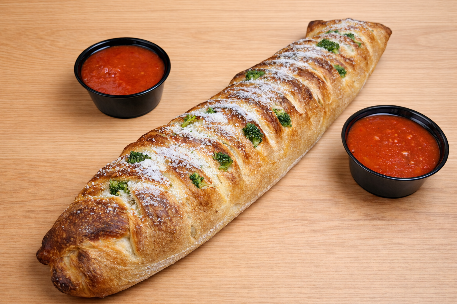Baked bread stick with green herbs and powdered sugar, served with two cups of marinara sauce on a wooden surface.
