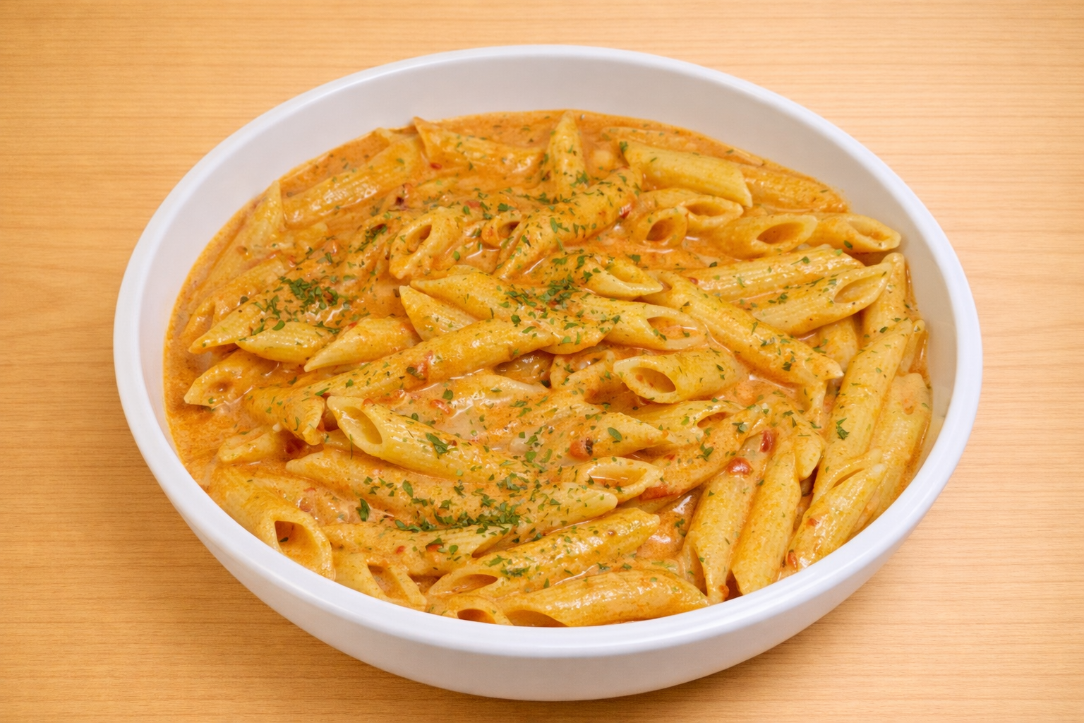 A white bowl filled with penne pasta in a creamy tomato sauce, garnished with chopped parsley, on a wooden surface.