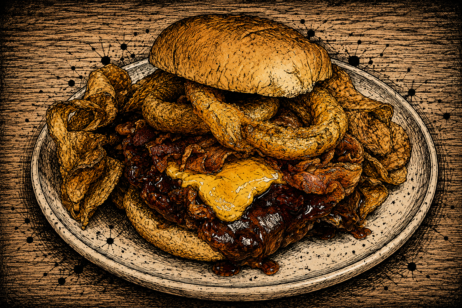 A digital artistic illustration of a plate of loaded barbecue sandwich with fried onion rings, potato chips, and melted cheese on a rustic wooden background.