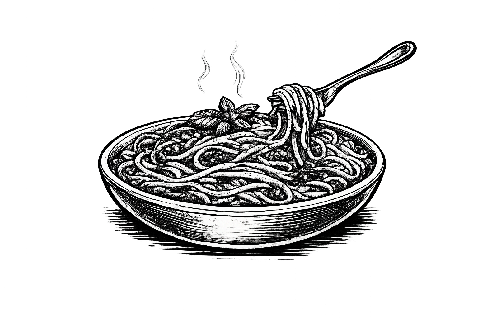 Black and white illustration of a bowl of steaming spaghetti with basil leaves.