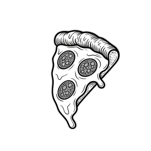 Black and white illustration of a slice of pepperoni pizza with cheese and crust.